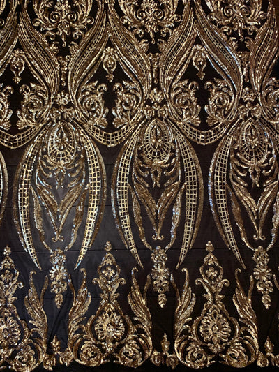 Alaina GOLD Curlicue Sequins on BLACK Mesh Lace Fabric by the Yard - 10018