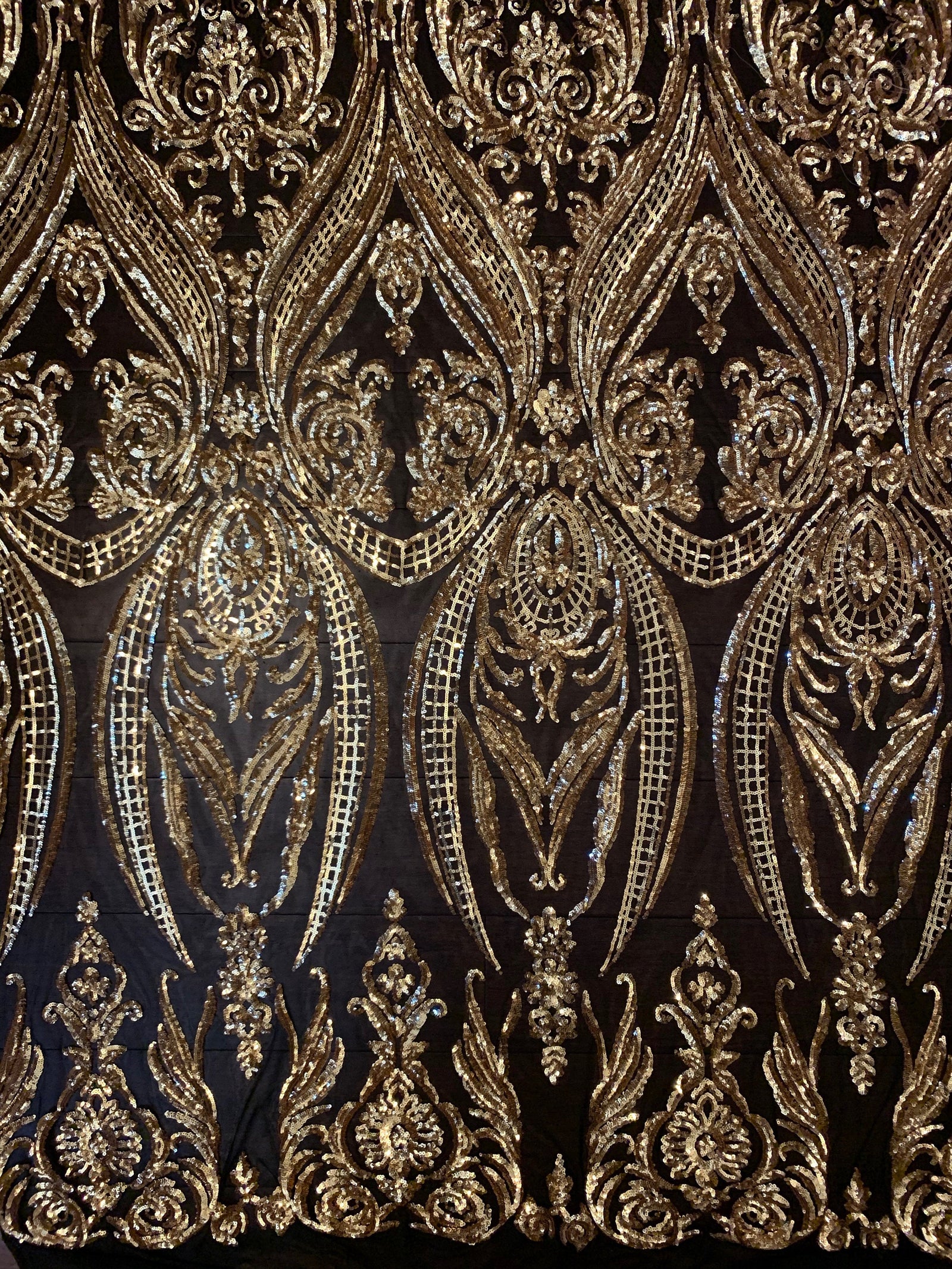 Alaina GOLD Curlicue Sequins on BLACK Mesh Lace Fabric by the Yard - 10018