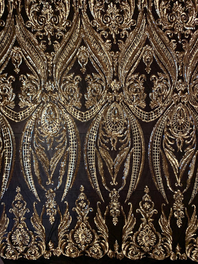 Alaina GOLD Curlicue Sequins on BLACK Mesh Lace Fabric by the Yard - 10018