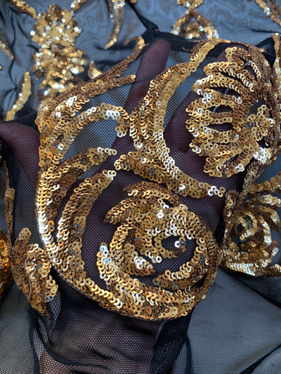 Alaina GOLD Curlicue Sequins on BLACK Mesh Lace Fabric by the Yard - 10018
