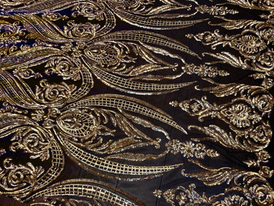 Alaina GOLD Curlicue Sequins on BLACK Mesh Lace Fabric by the Yard - 10018