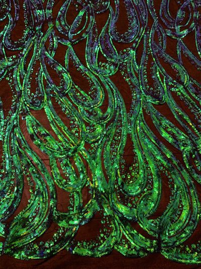 Lorelei IRIDESCENT GREEN BLUE Mermaid Swirls Sequins on Mesh Lace Fabric by the Yard - 10133