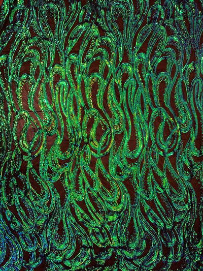 Lorelei IRIDESCENT GREEN BLUE Mermaid Swirls Sequins on Mesh Lace Fabric by the Yard - 10133