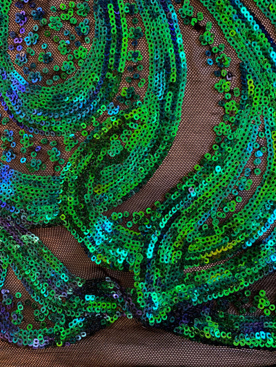 Lorelei IRIDESCENT GREEN BLUE Mermaid Swirls Sequins on Mesh Lace Fabric by the Yard - 10133