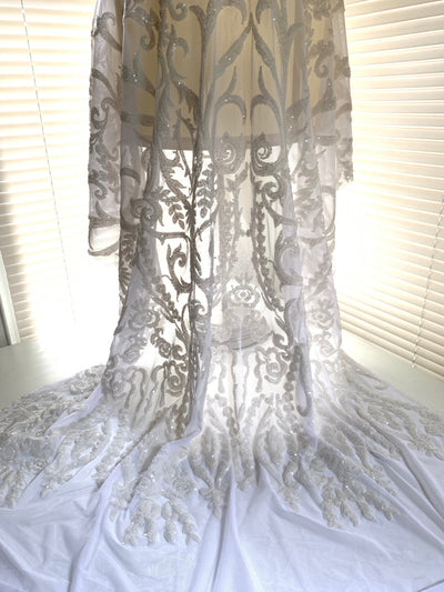 Esmeralda WHITE Sequins on Mesh Lace Fabric by the Yard - 10102