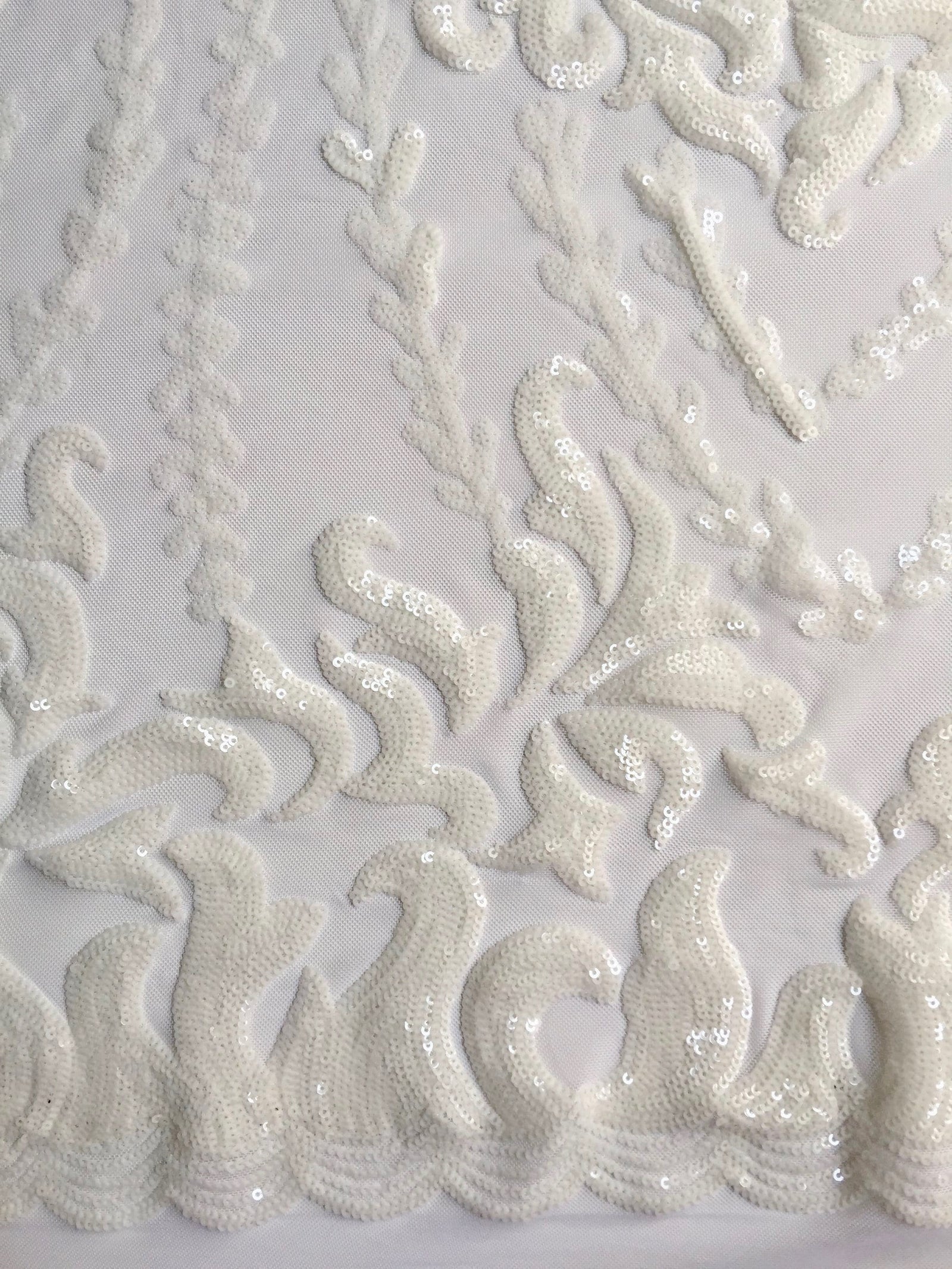 Miranda OFF WHITE Vines and Leaves Sequins on WHITE Mesh Lace Fabric by the Yard - 10061