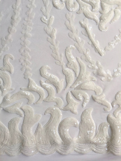 Miranda OFF WHITE Vines and Leaves Sequins on WHITE Mesh Lace Fabric by the Yard - 10061