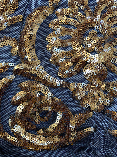 Alaina GOLD Curlicue Sequins on BLACK Mesh Lace Fabric by the Yard - 10018