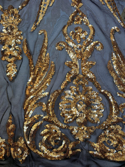 Alaina GOLD Curlicue Sequins on BLACK Mesh Lace Fabric by the Yard - 10018