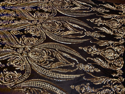 Alaina GOLD Curlicue Sequins on BLACK Mesh Lace Fabric by the Yard - 10018