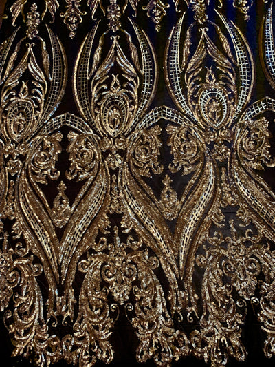 Alaina GOLD Curlicue Sequins on BLACK Mesh Lace Fabric by the Yard - 10018