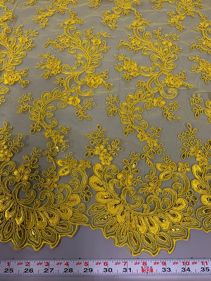 Melody BRIGHT YELLOW Polyester Floral Embroidery with Sequins on Mesh Lace Fabric by the Yard for Gown, Wedding, Bridesmaid, Prom - 10002
