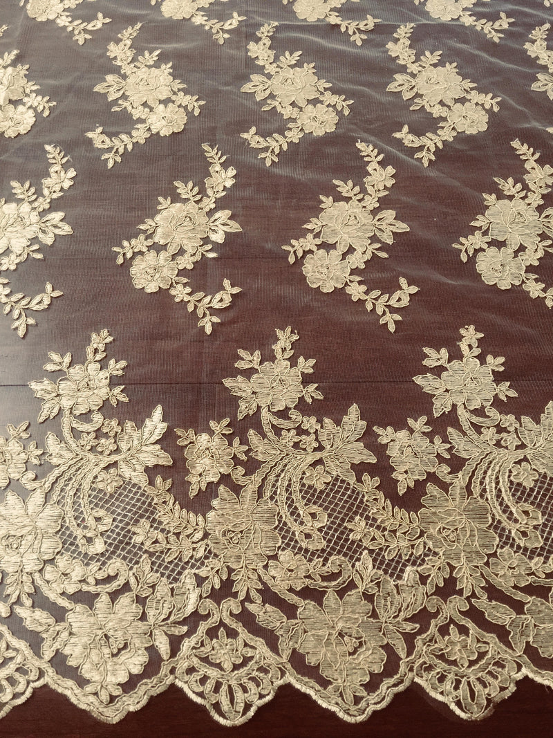 Diana CHAMPAGNE Polyester Corded Floral Embroidery on Mesh Lace Fabric by the Yard - 10064