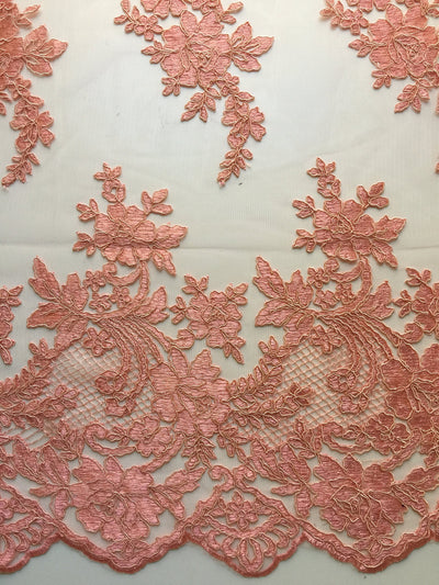 Diana CORAL Polyester Corded Floral Embroidery on Mesh Lace Fabric by the Yard - 10064