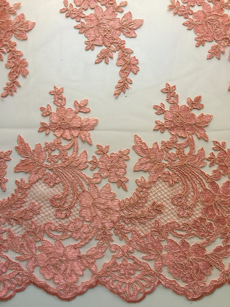 Diana CORAL Polyester Corded Floral Embroidery on Mesh Lace Fabric by the Yard - 10064