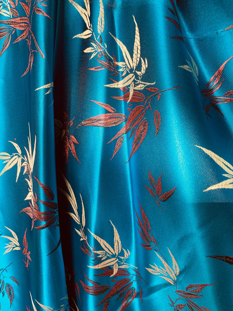 Alondra DARK TURQUOISE Leaves Brocade Chinese Satin Fabric by the Yard - 10095