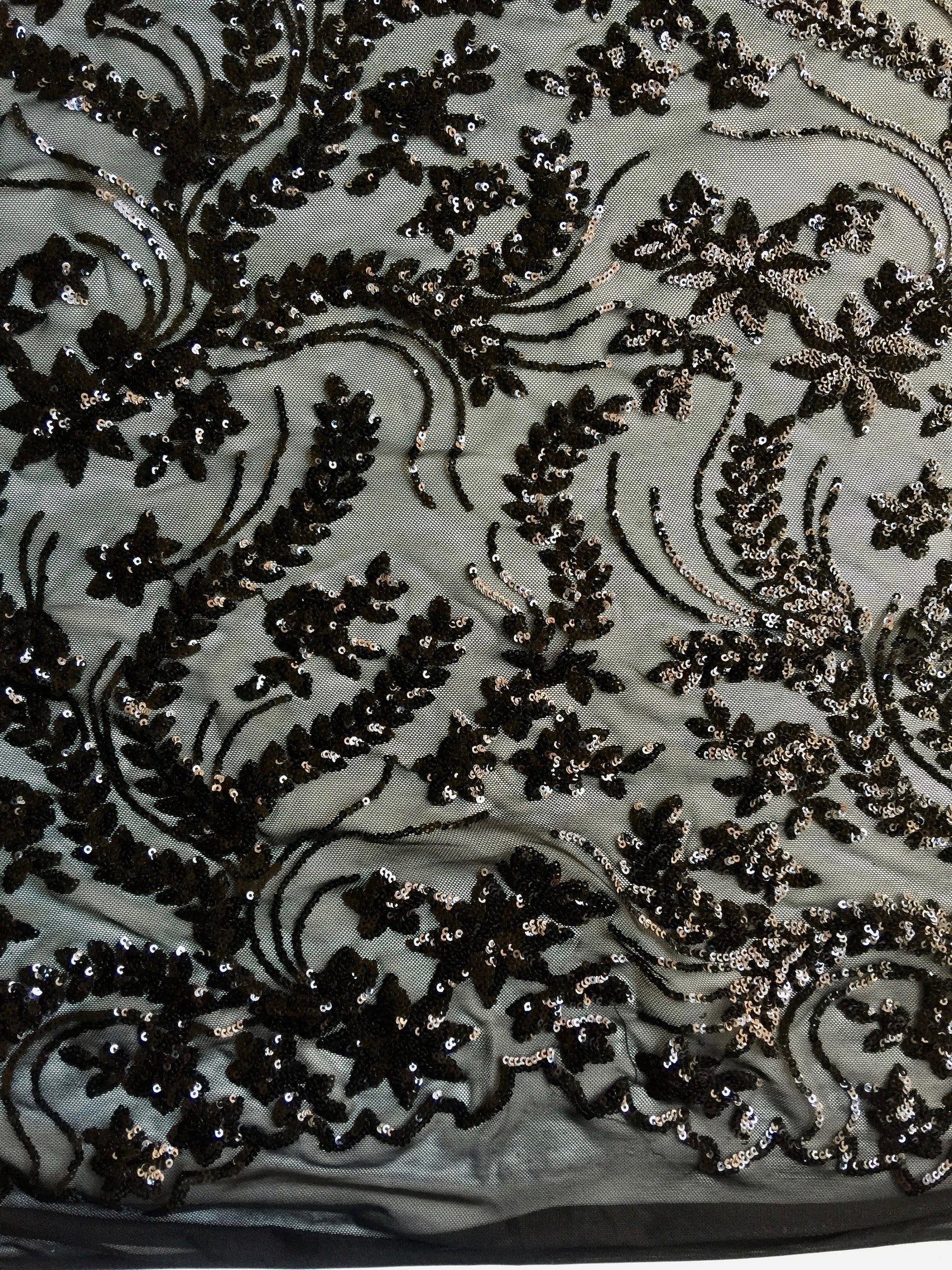 Erin BLACK Flowers and Leaves Sequins on Mesh Lace Fabric by the Yard - 10063