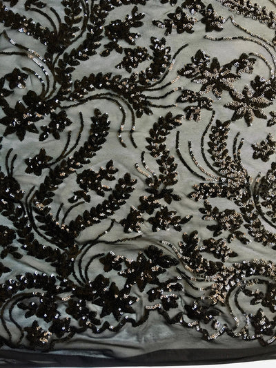 Erin BLACK Flowers and Leaves Sequins on Mesh Lace Fabric by the Yard - 10063