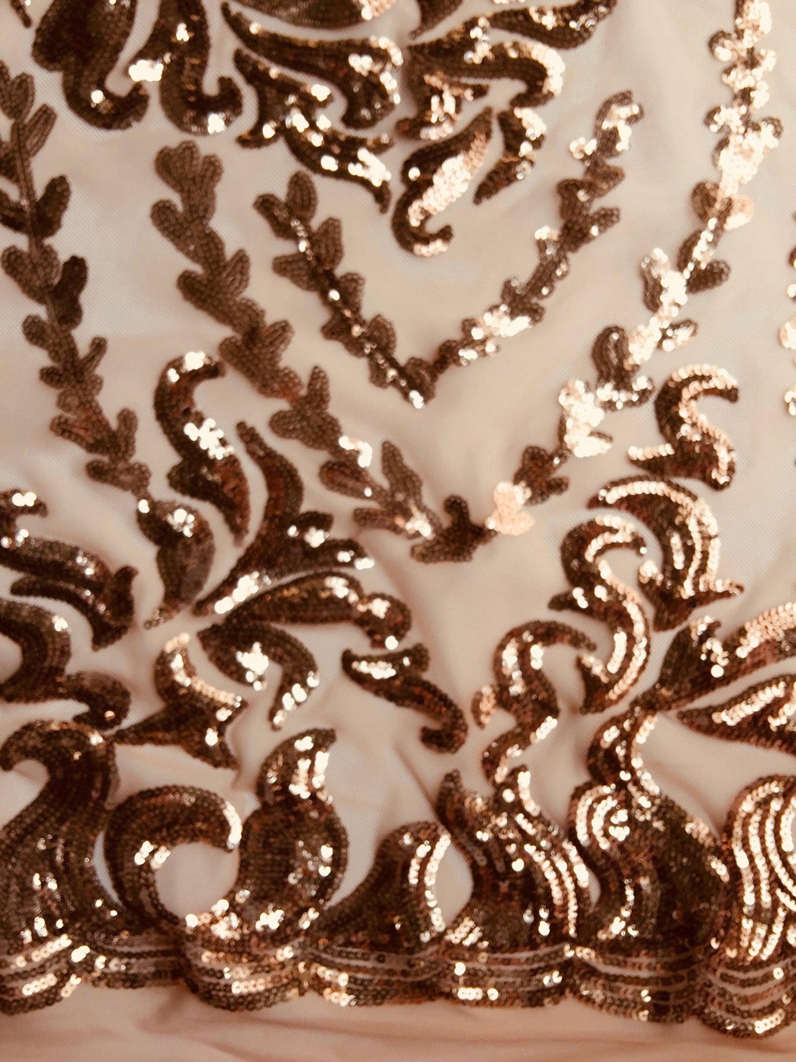 Miranda COPPER Vines and Leaves Sequins on BROWN Mesh Lace Fabric by the Yard - 10061