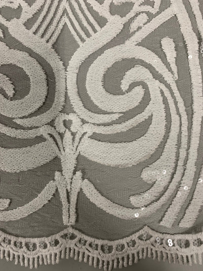 Elsie WHITE Curlicue Sequins on Mesh Lace Fabric by the Yard - 10112