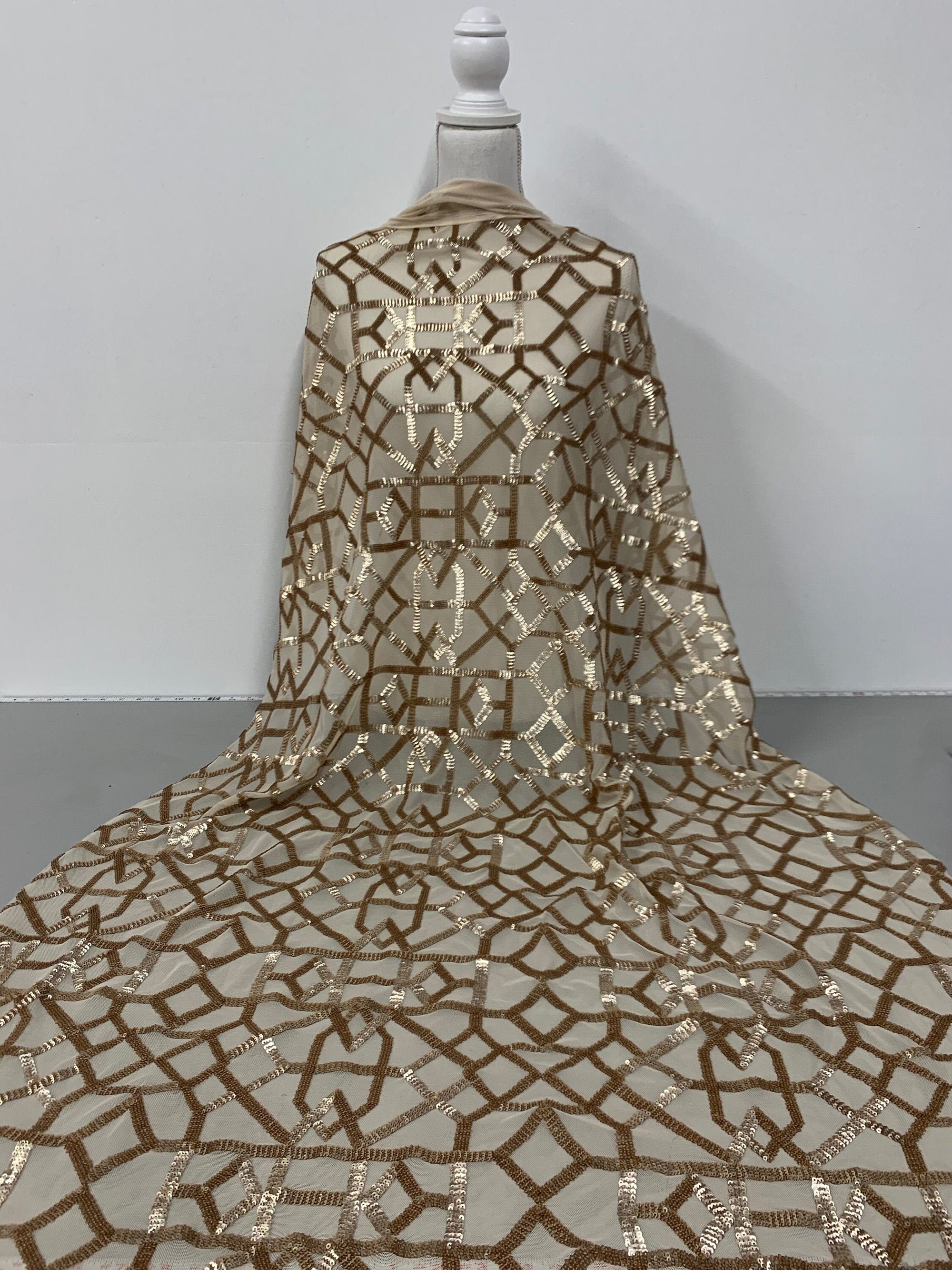 Meredith CHAMPAGNE Trellis Pattern Sequins on Mesh Lace Fabric by the Yard - 10146