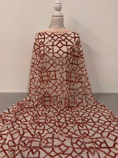 Meredith COPPER Trellis Pattern Sequins on Mesh Lace Fabric by the Yard - 10146
