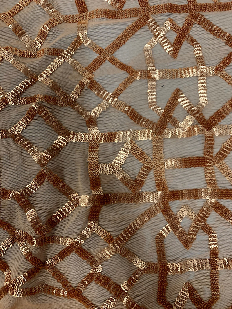 Meredith GOLD Trellis Pattern Sequins on Mesh Lace Fabric by the Yard - 10146