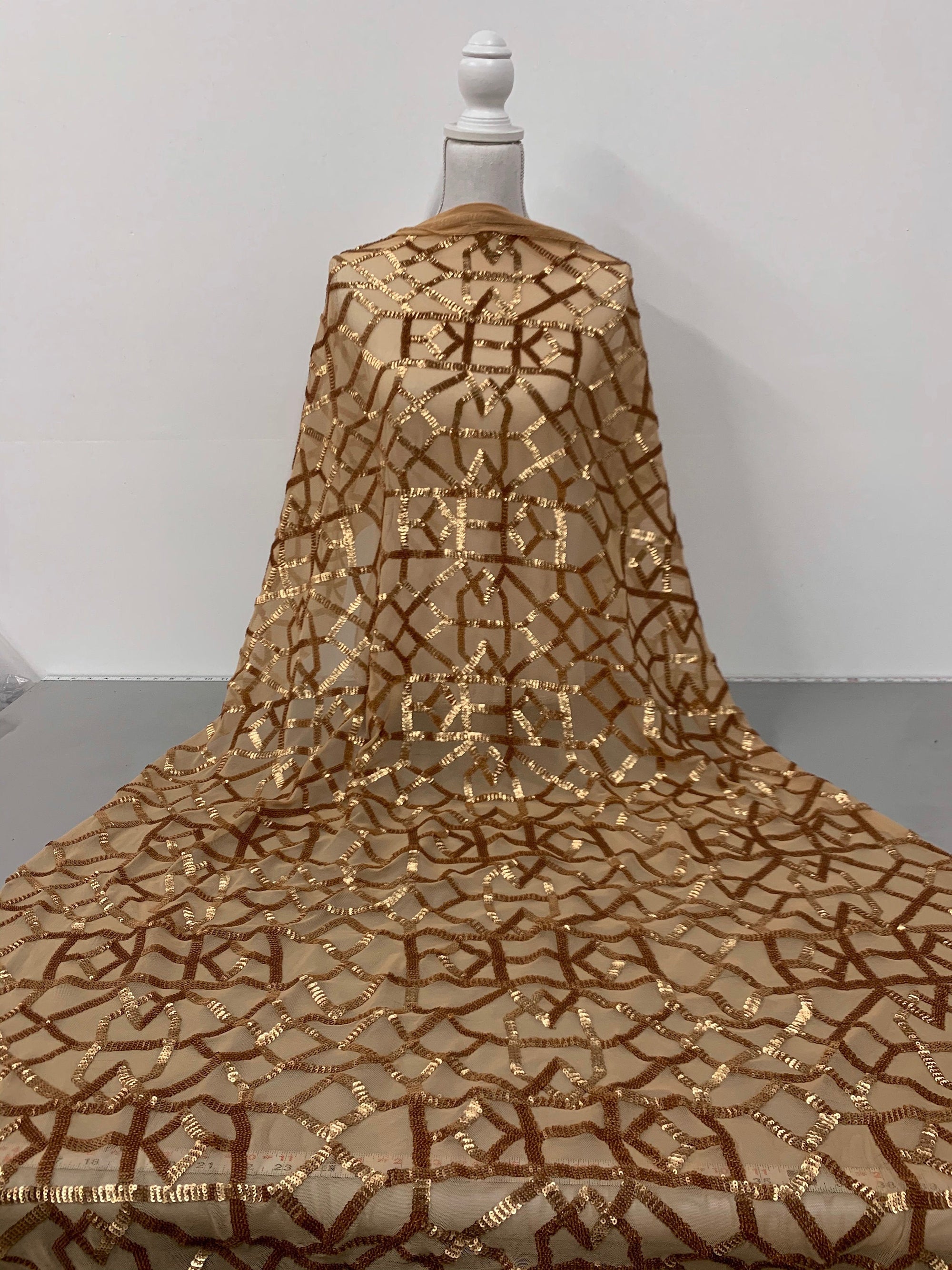 Meredith GOLD Trellis Pattern Sequins on Mesh Lace Fabric by the Yard - 10146