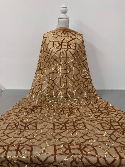 Meredith GOLD Trellis Pattern Sequins on Mesh Lace Fabric by the Yard - 10146