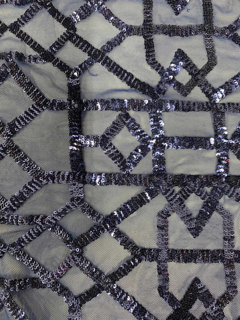 Meredith NAVY BLUE Trellis Pattern Sequins on Mesh Lace Fabric by the Yard - 10146