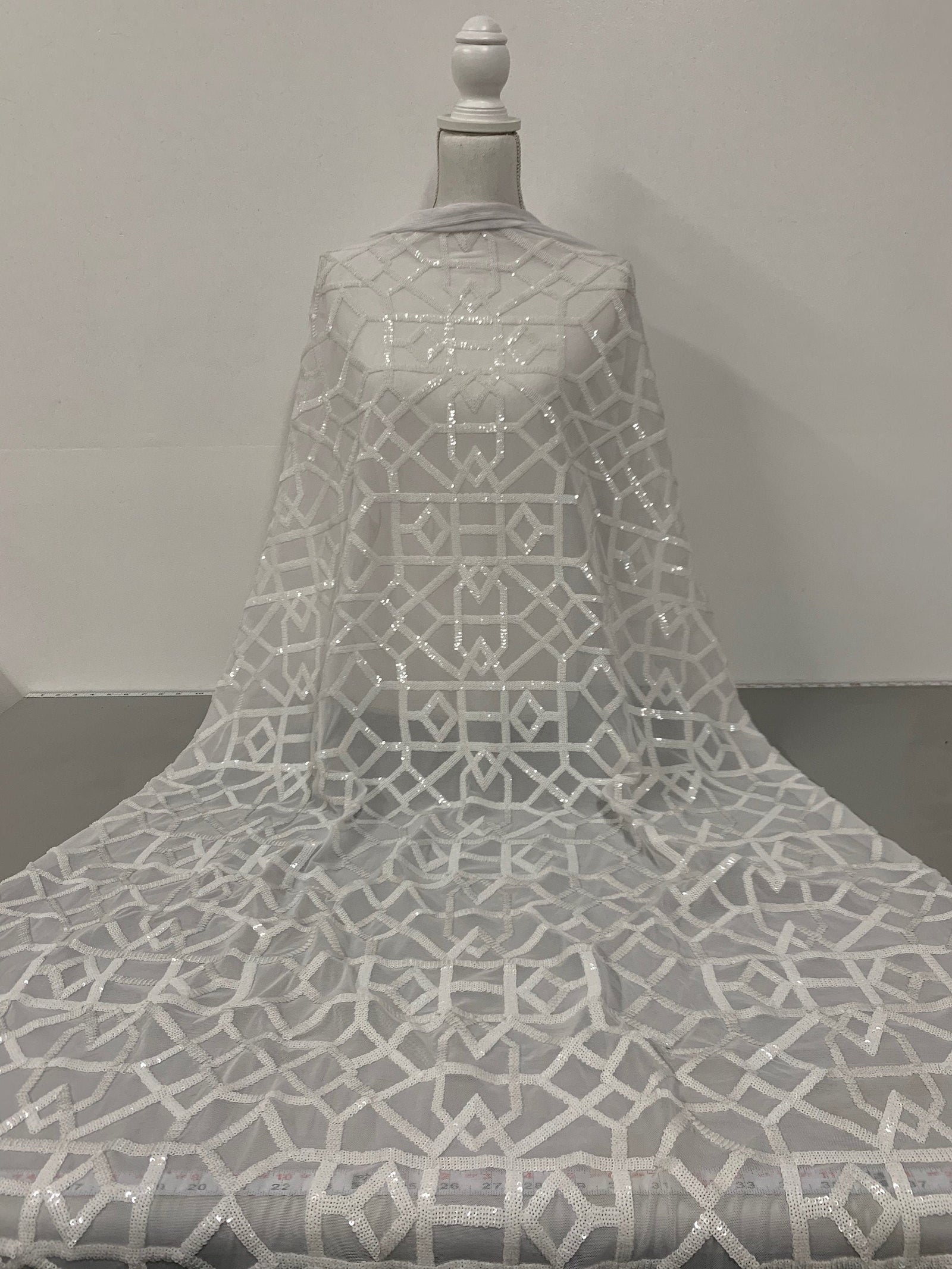 Meredith WHITE Trellis Pattern Sequins on Mesh Lace Fabric by the Yard - 10146