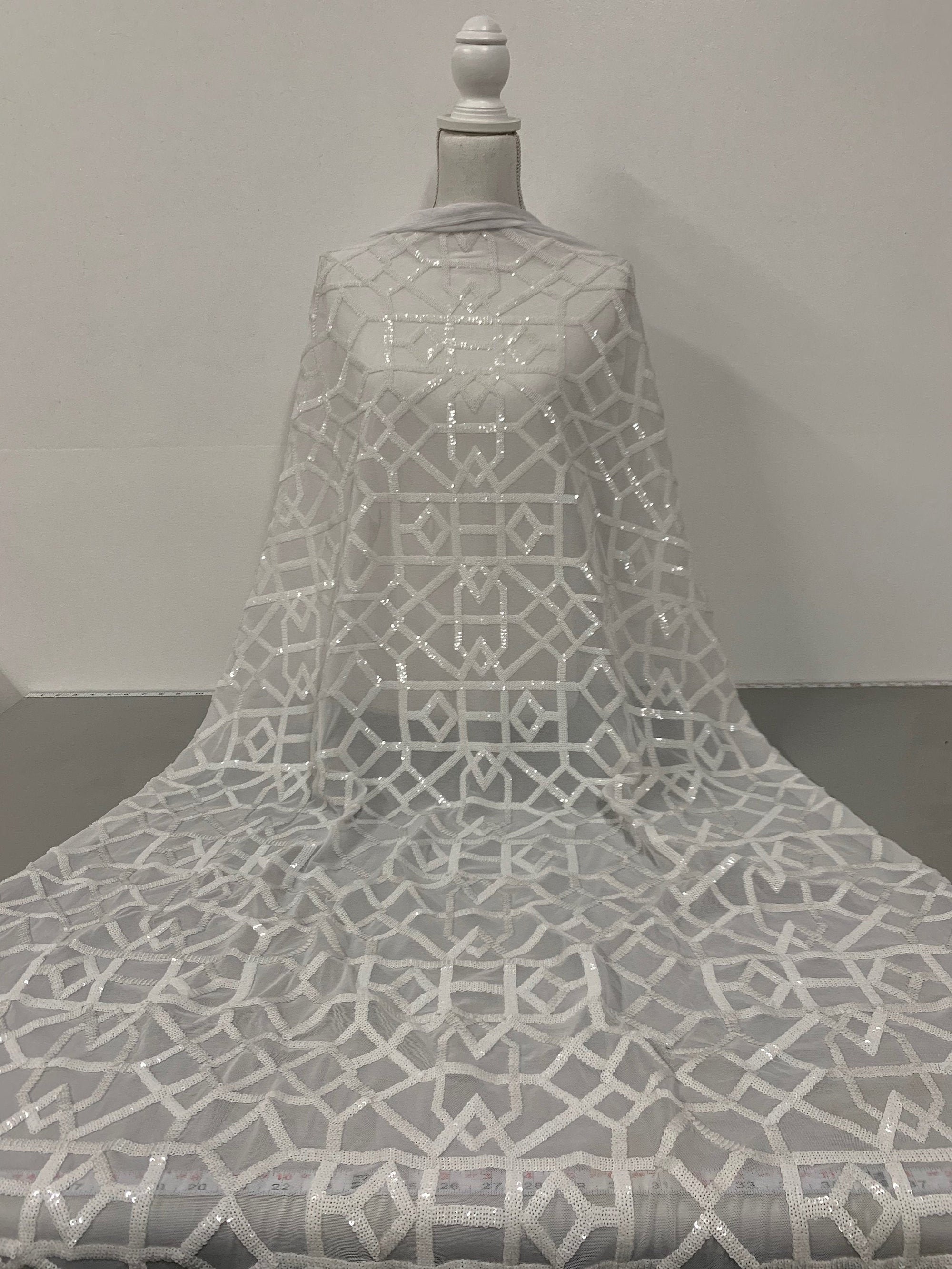 Meredith WHITE Trellis Pattern Sequins on Mesh Lace Fabric by the Yard - 10146