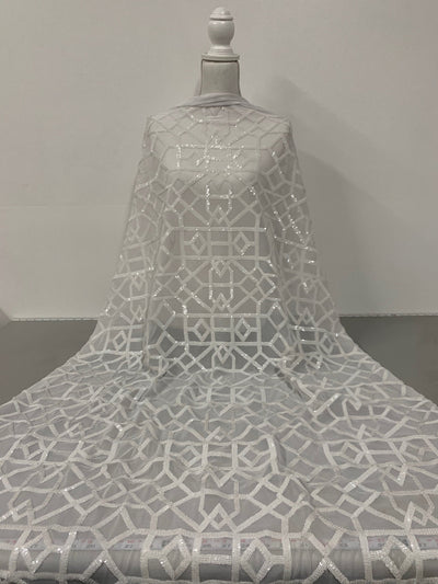 Meredith WHITE Trellis Pattern Sequins on Mesh Lace Fabric by the Yard - 10146