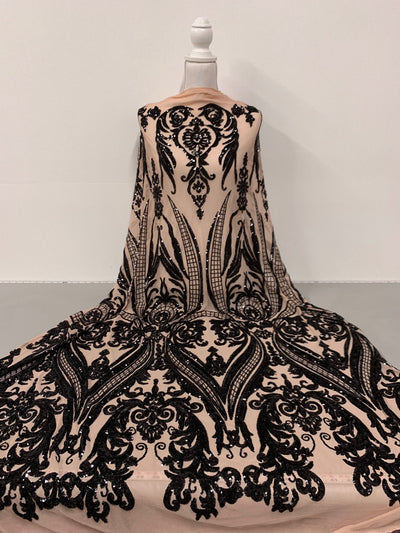 Alaina BLACK Curlicue Sequins on NUDE Mesh Lace Fabric by the Yard - 10018