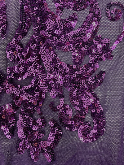 Alaina PLUM Curlicue Sequins on Mesh Lace Fabric by the Yard - 10018