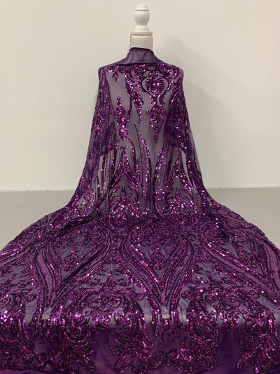 Alaina PLUM Curlicue Sequins on Mesh Lace Fabric by the Yard - 10018