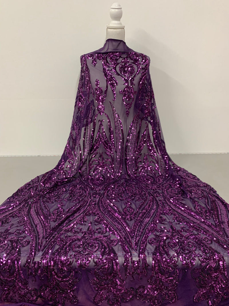 Alaina PLUM Curlicue Sequins on Mesh Lace Fabric by the Yard - 10018