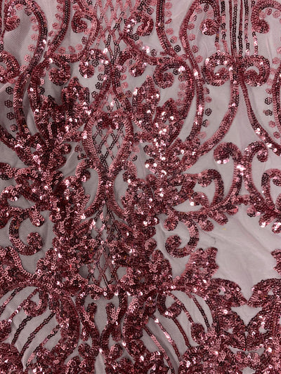 Angelica DUSTY PINK Curlicues and Leaves Sequins on Mesh Lace Fabric by the Yard - 10132