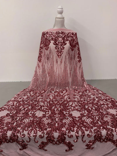 Angelica DUSTY PINK Curlicues and Leaves Sequins on Mesh Lace Fabric by the Yard - 10132