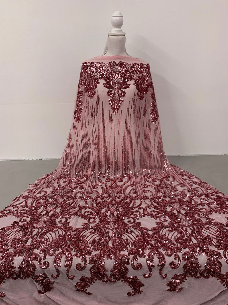 Angelica DUSTY PINK Curlicues and Leaves Sequins on Mesh Lace Fabric by the Yard - 10132