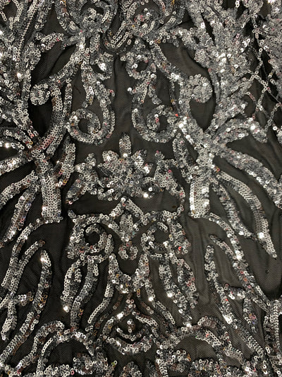 Phoebe SILVER Sequins on BLACK Mesh Lace Fabric by the Yard - 10062