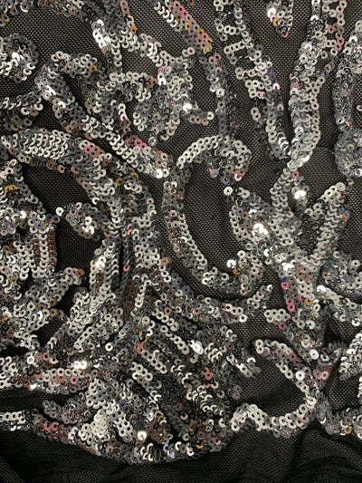 Phoebe SILVER Sequins on BLACK Mesh Lace Fabric by the Yard - 10062