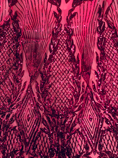 Francesca DARK PINK Vines and Diamonds Pattern Sequins on Dark Pink Mesh Lace Fabric by the Yard - 10130
