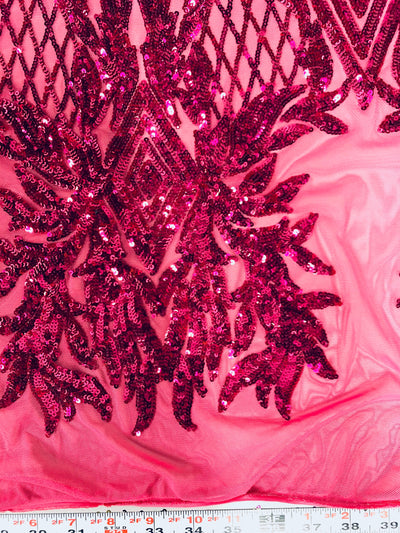 Francesca DARK PINK Vines and Diamonds Pattern Sequins on Dark Pink Mesh Lace Fabric by the Yard - 10130