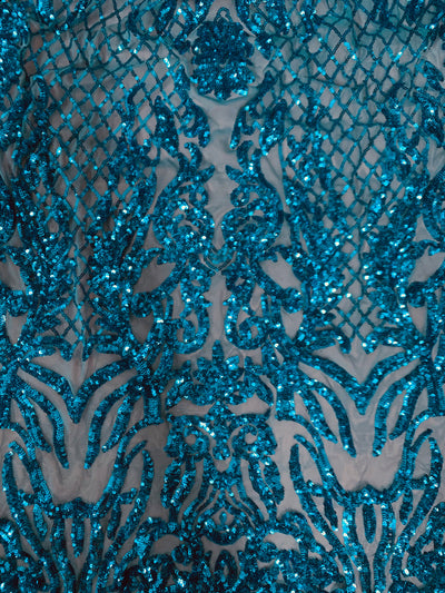Phoebe TURQUOISE Sequins on Mesh Lace Fabric by the Yard - 10062
