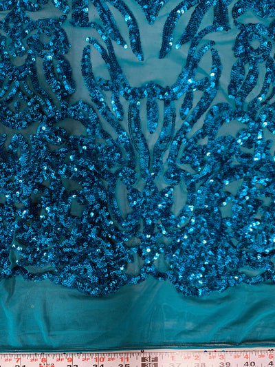 Phoebe TURQUOISE Sequins on Mesh Lace Fabric by the Yard - 10062