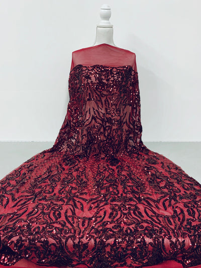 Phoebe BURGUNDY Sequins on Mesh Lace Fabric by the Yard - 10062