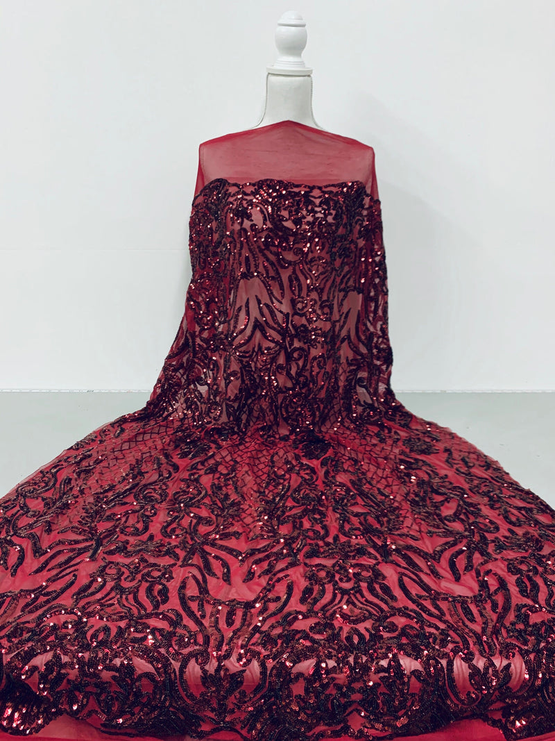 Phoebe BURGUNDY Sequins on Mesh Lace Fabric by the Yard - 10062