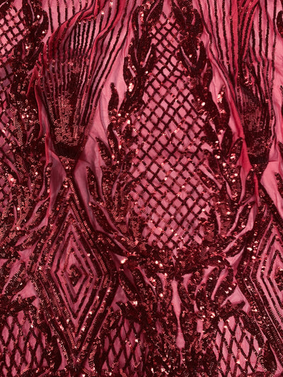 Francesca BURGUNDY Vines and Diamonds Pattern Sequins on Mesh Lace Fabric by the Yard - 10130