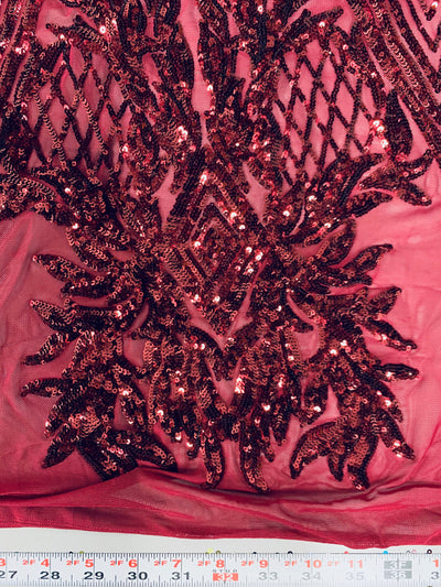 Francesca BURGUNDY Vines and Diamonds Pattern Sequins on Mesh Lace Fabric by the Yard - 10130